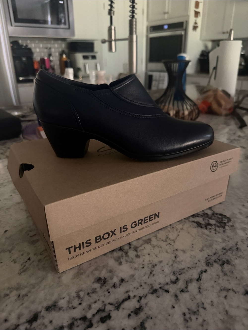 Clarks Black Leather Low Block Heel Slip-On Pumps